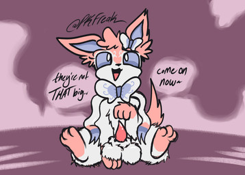 3_fingers 3_toes animal_genitalia animal_penis balls big_balls black_nose blue_inner_ear blue_sclera confusion dialogue feet feral fingers fluffy fur genitals half-erect head_tuft heart_(marking) male markings open_mouth open_smile paws penis pink_body pink_fur ribbons_(anatomy) sheath smile solo spiral_markings tail text toes tuft white_body white_bow_(anatomy) white_fur pkfreak nintendo pokemon eeveelution generation_6_pokemon pokemon_(species) sylveon