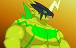 anthro biceps horn male markings mask muscular muscular_anthro muscular_arms muscular_male pecs solo yellow_body yellow_skin drakorg bandai_namco digimon bulkmon digimon_(species) hi_res
