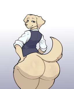 anthro big_butt blue_clothing blue_topwear blue_vest bottom_heavy bottomless bottomless_male brown_eyes bubble_butt butt clothed clothing eyebrows fur half-closed_eyes half_naked hands_on_hips huge_butt looking_at_viewer looking_back looking_back_at_viewer male mouth_closed narrowed_eyes rear_view shirt simple_background solo suggestive suggestive_pose tail tan_body tan_fur thick_thighs topwear vest white_background white_clothing white_shirt white_topwear an_ordinary_cat beastars jack_(beastars) bird_dog canid canine canis domestic_dog golden_retriever hunting_dog mammal retriever 2026 digital_drawing_(artwork) digital_media_(artwork) hi_res