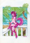 balcony beach beverage bikini clothed clothing cloud female food fur outside pink_body pink_fur seaside skimpy sky solo swimwear tail tight_clothing tropical two-piece_swimsuit miysis canid canine canis domestic_dog mammal