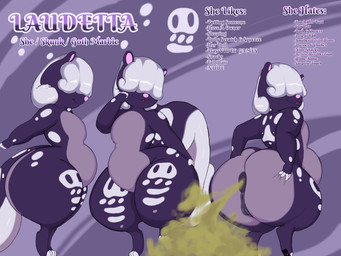 anus anus_focus belly big_belly big_butt bone butt butt_focus butt_grab circle circle_(marking) circle_background fart fart_cloud fart_fetish farting_at_viewer female front_view genitals green_fart_cloud grey_hair hair hand_on_butt huge_belly huge_butt huge_hips huge_thighs logo multicolored_body nude on_one_leg open_mouth open_smile purple_body rear_view side_view skull skunk_tail smile solo spread_anus spreading standing symbol_on_thigh text thick_thighs three-quarter_view vulva wide_hips spikelove15 laudetta_(spikelove15) animal_humanoid humanoid mammal mammal_humanoid mephitid mephitid_humanoid skunk 4:3 absurd_res english_text hi_res model_sheet portrait