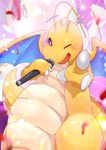 absurd_res antennae_(anatomy) anthro belly blush claws dragonite electronics generation_1_pokemon hi_res japanese_idol microphone nintendo one_eye_closed orange_body oshi_no_ko overweight pokemon pokemon_(species) singing solo sparkles sparkling_eyes warazi_pkmn wings wink