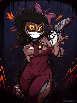 4_hands :3 arm_tattoo bared_teeth black_body black_hair blade blood blood_drip blood_from_mouth blood_in_mouth blood_on_hand bodily_fluids bow_ribbon breasts brown_body brown_skin choker clenched_teeth clothing corpse crazy_eyes directional_arrow disguise dress dripping earless emphasis_lines evil_face evil_grin eyelashes fangs female freckled_breasts freckled_face freckled_shoulders freckles glowing glowing_eyes grey_body hair heart_eyes heart_symbol hearts_around_head holding_knife holding_object insane jewelry knife leg_tattoo lines_on_body long_eyelashes long_hair machine metal metallic_body mismatched_eyes multi_hand necklace nightmare_fuel noseless open_mouth open_smile pigtails red_clothing red_dress scar scars_all_over seam_(sewing) segmented_body shaking sharp_teeth simple_background skinsuit small_breasts smile solo stitch_(sewing) surgical_suture tattoo teeth text thick_thighs tight_clothing tremble_spikes trembling twintails_(hairstyle) unusual_anatomy weapon white_body wide_hips x_eyes yandere yellow_eyes diddlydooter1 glitch_productions murder_drones cyn_(murder_drones) tessa_(murder_drones) eldritch_abomination human humanoid mammal patchwork_creature robot robot_humanoid undead worker_drone zombie 3:4 artist_name digital_drawing_(artwork) digital_media_(artwork) hi_res signature
