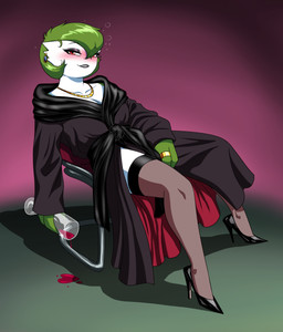 bathrobe blush clothing container cup digit_ring drinking_glass drunk ear_piercing ear_ring eyeshadow female footwear furgonomic_piercing furgonomics glass glass_container glass_cup green_hair hair half-closed_eyes high_heels jewelry legwear looking_at_viewer makeup mature_female narrowed_eyes necklace piercing pumps red_eyes ring ring_piercing robe shoes sitting slouching smile solo spilled_drink substance_intoxication thigh_highs wedding_ring wine_glass crovirus nintendo pokemon gardevoir generation_3_pokemon pokemon_(species) absurd_res hi_res