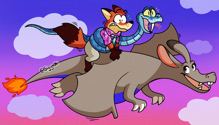 anthro blue_body blue_scales claws cloud coiling_another fangs female feral fire flaming_tail forked_tongue fur green_eyes grey_body grey_scales group male midair orange_body orange_fur pointy_ears purple_eyes scales tail teeth tongue trio wings yellow_eyes sigyoshi disney nintendo pokemon zootopia gary_de'snake judy_hopps nick_wilde canid canine charizard fox generation_1_pokemon mammal pit_viper pokemon_(species) red_fox reptile scalie snake true_fox viper