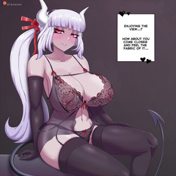 areola babydoll big_breasts biped blush breasts clothing eyelashes female hair legwear lingerie nightgown nipples not_furry panties ponytail pupils sitting smile spade_tail tail text thick_thighs thigh_highs three-quarter_view translucent translucent_clothing translucent_lingerie underwear tehhank helltaker lucifer_(helltaker) demon demon_humanoid humanoid 1:1 english_text hi_res