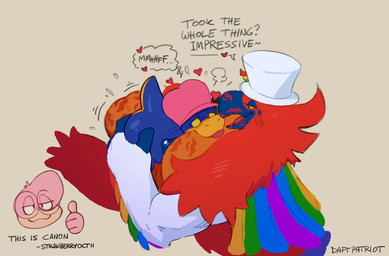 anal anal_full_nelson anal_penetration anthro anthro_on_anthro anthro_penetrated anthro_penetrating anthro_penetrating_anthro balls beak big_balls big_penis black_nipples blue_body blue_scales blush butt clothed clothing duo feathers feet genitals hat headgear headwear heart_symbol kiss_mark kiss_mark_on_balls kiss_mark_on_chest kiss_mark_on_face lipstick_on_chest lipstick_on_face lipstick_on_penis male male/male male_penetrated male_penetrating male_penetrating_male multicolored_body multicolored_feathers muscular muscular_anthro muscular_male navel nipples on_bottom on_top pecs penetration penile penile_penetration penis penis_in_ass rainbow_body rainbow_feathers red_body red_feathers reverse_cowgirl_position scales sex size_difference smaller_penetrated speech_bubble standing text toes tongue tongue_out top_hat wings daftpatriot european_mythology greek_mythology kings_of_hell mythology luxuria_(kings_of_hell) octii phenex_(kings_of_hell) avian bird demon imp mythological_avian mythological_bird mythological_creature mythological_firebird phoenix scalie english_text hi_res