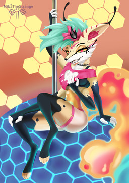 4_arms 4_fingers anthro bottomwear choker clothing disco_ball female fingers jewelry looking_at_viewer multi_arm multi_limb necklace pole sharp_teeth shorts sitting solo teeth text year mik3thestrange hellaverse helluva_boss queen_bee-lzebub_(helluva_boss) arthropod canid canine demon fox hybrid insect mammal 2023 artist_name hi_res watermark
