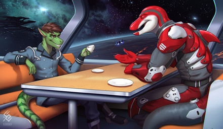 anthro armor armwear athletic black_body black_skin boots bottomwear brown_hair claws clothed clothed_anthro clothed_male clothing coffee_cup container cup detailed_background dining_table dorsal_fin duo elbow_pads eyebrow_scar eyebrows facial_scar feet fin finger_claws fingers footwear fully_clothed fully_clothed_anthro fully_clothed_male green_body hair holding_container holding_cup holding_object inside knee_pads male markings open_mouth pants red_body red_eyes red_skin scales scar shirt shoes sitting size_difference smile smiling_at_another smiling_at_each_other space spacecraft spacesuit speaking_to_another striped_markings striped_neck striped_tail stripes tail tail_markings teeth toned_body toned_male toned_muscles topwear uniform vehicle white_body white_skin cereus93 richard_grinn siader aquatic cetacean dolphin mammal oceanic_dolphin reptile scalie striped_dolphin toothed_whale absurd_res hi_res