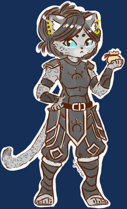 anthro belt blue_eyes chibi claws clothed clothed_anthro clothed_female clothing container ear_piercing female fur grey_body grey_fur hand_on_hip holding_container holding_object kahjii leather leather_clothing leopard_spots piercing pouch_(anatomy) pouch_purse shoulder_pads solo spots tail thieves_guild unimpressed hizrihel_(artist) ra'tima-daro_(hizrihel) alpha_channel