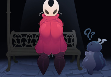 anthro big_breasts black_background bodily_fluids breasts clothing cum dress duo eyelashes female genital_fluids horn motion_lines question_mark red_clothing red_dress simple_background standing shinolara hollow_knight_(franchise) team_cherry bretta_(hollow_knight) hornet_(hollow_knight) arthropod beetle insect