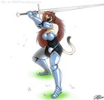 anthro armor big_breasts boob_armor breastplate breasts clothed clothing female grin huge_sword longsword melee_weapon narrowed_eyes raised_tail simple_background smile solo standing sword tail weapon fiercedeitylynx caroline_(fiercedeitylynx) domestic_cat felid feline felis mammal siamese hi_res