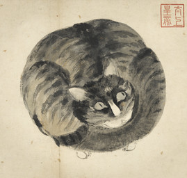ambiguous_feral ambiguous_gender feral high-angle_view loaf looking_aside lying markings pupils simple_background slit_pupils solo striped_body striped_markings striped_tail stripes tail tail_markings whiskers shen_zhou domestic_cat felid feline felis mammal 1494 15th_century ancient_art hi_res painting_(artwork) traditional_media_(artwork) traditional_painting_(artwork)