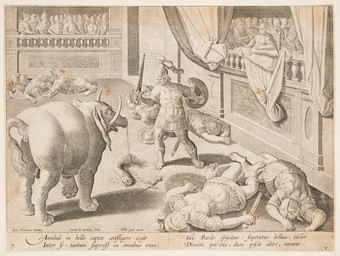 animal_genitalia anus balls blood bodily_fluids butt classical_architecture clothing crowd death feral genitals gore group historical_dress male male_feral male_human melee_weapon proboscis_(anatomy) puffy_anus raised_tail rear_view severed_body_part severed_trunk standing tail text trunk_(anatomy) tusks violence weapon jan_van_der_straet_(stradanus) elephant elephantid human mammal proboscidean 16th_century ancient_art hi_res latin_text monochrome sepia translated