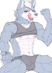 5_fingers abs anthro areola balls_outline biceps biped blush blush_lines bottomwear bulge cheek_tuft claws clothed clothing clothing_lift detailed_bulge erection erection_under_clothing eye_patch eyewear facial_tuft finger_claws fingers fist fur genital_outline grey_body grey_bottomwear grey_clothing grey_fur grey_shirt grey_tank_top grey_topwear grey_underwear head_tuft inner_ear_fluff male muscular muscular_anthro muscular_male navel nipples open_mouth pecs penis_outline pink_areola pink_nipples pink_tongue purple_eyes raised_clothing raised_shirt raised_tank_top raised_topwear sharp_teeth shirt simple_background sitting smile solo spread_legs spreading tank_top teeth teeth_showing tongue tongue_out topwear tuft underwear white_background white_body white_fur mizuno_fitz nintendo star_fox wolf_o'donnell canid canine canis mammal wolf 2017 digital_media_(artwork) hi_res