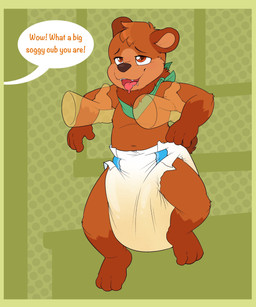 3_toes 4_fingers ambiguous_gender anthro big_diaper blush blush_lines bodily_fluids border brown_body brown_ears brown_fur brown_inner_ear brown_nose brown_tail carrying_another clothed clothing dialogue diaper disembodied_hand dotted_background drooling duo fangs feet fingers fur genital_fluids gloves_(marking) green_kerchief green_neckerchief huge_diaper kerchief leg_markings markings mostly_offscreen_character narrowed_eyes navel neckerchief neckwear open_mouth open_smile pattern_background saliva simple_background smile socks_(marking) speech_bubble tail teeth text three-quarter_view toes tongue tongue_out unclean_diaper urine used_diaper wearing_diaper wet_diaper white_diaper window yellow_background yellow_border young bubblepuppers oscar_(lupinebear) bear mammal absurd_res english_text full-length_portrait hi_res portrait