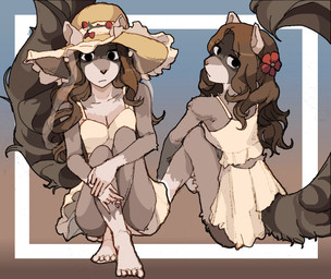 accessory anthro breasts cleavage clothed clothing dress female flower flower_in_hair hair hair_accessory hat headgear headwear looking_at_viewer plant sitting solo sun_hat sundress tail hhonchkrow234 fox_squirrel mammal rodent sciurid tree_squirrel hi_res