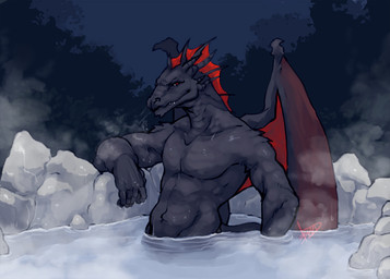 abs anthro athletic bath biceps black_body black_scales black_skin fangs horn hot_spring looking_at_viewer male membrane_(anatomy) membranous_wings muscular muscular_anthro muscular_male nature night nude outside pecs pose red_body red_eyes red_skin scales solo suggestive tail teeth water wet wings boulevard mythology dragon mythological_creature mythological_scalie scalie