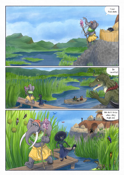 5_fingers anthro black_body black_fur clothed clothing dark_body day dialogue dialogue_box fingers fur grass green_body grey_body hat headgear headwear open_mouth plant proboscis_(anatomy) speech_bubble tail text trunk_(anatomy) village water bjekkergauken mythology imbali_(bjekkergauken) isilo_(bjekkergauken) crocodilian elephant elephantid mammal proboscidean reptile scalie unknown_species 2026 colored comic english_text hi_res