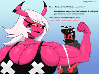 big_breasts breasts duo female huge_breasts male male/female muscular muscular_female solo text riggedscales hellaverse helluva_boss fan_character verosika_mayday demon humanoid succubus 4:3 absurd_res english_text hi_res