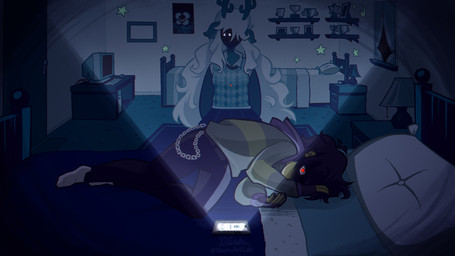 anthro bed blonde_hair brown_hair computer duo electronics female furniture hair horn inside long_hair male night phone pillow red_eyes snowgrave stephsartlab deltarune undertale_(series) kris_dreemurr noelle_holiday deer human mammal new_world_deer reindeer 16:9 2025 hi_res widescreen