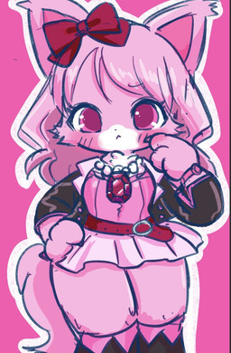 anthro anthrofied belt black_nose blush blush_lines blush_stickers boots breasts claws clock closed_frown clothing dress eyebrow_through_hair eyebrows eyelashes female female_anthro finger_claws fluffy fluffy_tail footwear front_view frown fur gem hair hand_on_cheek jewelry looking_at_viewer mouth_closed necklace outline pearl_(gem) pearl_necklace pink_body pink_clothing pink_dress pink_eyes pink_fur pink_hair pink_inner_ear red_belt red_eyes red_hair_bow shoes small_breasts solo tail thick_thighs thin_eyebrows translucent translucent_hair watch white_face white_outline wide_hips wristwatch magicalmirurun jewelpet sanrio sega_fave garnet_(jewelpet) domestic_cat felid feline felis mammal munchkin_cat 2026 hi_res portrait three-quarter_portrait