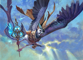 ambiguous_gender beak blue_body blue_feathers cape clothing cloud feathered_wings feathers feet feral flying holding_object holding_staff open_mouth outside pouch_(clothing) solo staff talons toes tongue tongue_out wings jesper_ejsing hasbro magic:_the_gathering wizards_of_the_coast avian bird official_art traditional_media_(artwork)