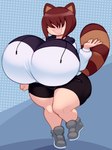 big_breasts black_bottomwear black_clothing black_shorts blue_background bottomwear breasts brown_hair clothing female footwear hair hair_over_eyes hoodie huge_breasts shoes short_stack shorts simple_background solo tail thick_thighs topwear angstrom yume_(hsaibot) animal_humanoid canid canid_humanoid canine canine_humanoid humanoid mammal mammal_humanoid tanuki_humanoid 2024 digital_media_(artwork) hi_res