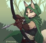 abs aiming aiming_weapon anthro archer arrow_(weapon) belt bow_(weapon) cloak clothing crop_top dark_sclera drawn_bow forest green_eyes hood hooded_cloak looking_at_viewer male midriff outside plant ranged_weapon ranger rope rope_belt shirt sleeveless_shirt solo topwear tree weapon thegantian asian_mythology east_asian_mythology japanese_mythology mythology genji canid canine fox mammal yokai hi_res