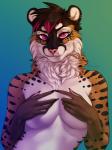 5_fingers anthro breasts detailed_background female fingers looking_at_viewer medium_breasts nude pink_eyes simple_background smile solo missy_(artist) alyxis felid mammal pantherine tiger 2019 digital_media_(artwork) hi_res