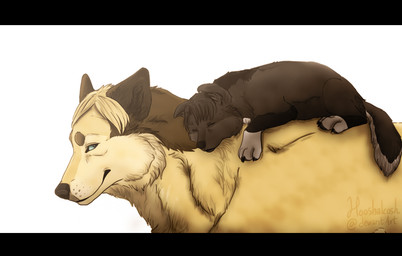 ambiguous_gender black_bars black_body black_fur blue_eyes feral feralized fur looking_back riding_on_back sleeping sleeping_on_another smile white_paws yellow_body yellow_fur young ouivon attack_on_titan erwin_smith levi_ackerman canid canine canis mammal wolf 2014 letterbox