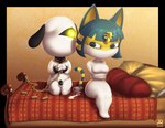 animal_crossing ankha_(animal_crossing) anthro balls bdsm bed bondage bound breasts canid canine canis chain chain_leash chained_to_bed chastity_cage chastity_device collar domestic_cat domestic_dog duo felid feline felis female furniture genitals hi_res kneeling leash lucky_(animal_crossing) male male/female mammal mummification mummy mummy_wrappings nintendo one_eye_obstructed pillow radasus sitting undead