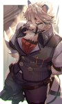 anthro clothing cybernetic_leg cybernetic_limb fur hair looking_at_viewer male muscular muscular_anthro muscular_male red_eyes shirt solo tail topwear vest white_body white_fur white_hair biri mihoyo zenless_zone_zero von_lycaon canid canine canis mammal wolf hi_res