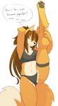 4_toes 5_fingers anthro breasts claws clothed clothing feet female female_anthro fingers flexible fur green_eyes midriff navel one_leg_up orange_body orange_fur pawpads raised_leg simple_background solo splits spread_legs spreading standing text toe_claws toes vertical_splits white_background lunarez fera_lycablood canid canine fox mammal english_text hi_res