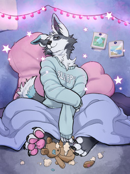 4_toes :3 ambiguous_gender anthro bear_plushie bedding bent_ear black_body black_fur black_nails black_nose blanket blue_body blue_clothing blue_ears blue_fur blue_sweater blue_tail blue_topwear chest_tuft clothed clothing colored_nails detailed_background dipstick_tail feet fluffy fluffy_face fluffy_tail fur heart_pillow humanoid_hands inner_ear_fluff jumper looking_at_viewer markings nails narrowed_eyes pawpads paws photo pillow plushie pupils sitting solo star_(shape) sweater tail tail_markings text toes topwear tuft under_covers white_body white_fur ohmiyoni border_collie canid canine canis collie domestic_dog herding_dog mammal pastoral_dog sheepdog absurd_res digital_media_(artwork) english_text hi_res signature