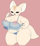 2023 3_fingers aggretsuko anthro bent_arm big_breasts big_ears black_eyes black_nose blue_bra blue_clothing blue_panties blue_underwear blush bra breast_squish breasts camel_toe canid canine cleavage clothed clothing emanata eyelashes female fennec_fox fenneko fingers fox fur hand_on_hip hi_res huge_breasts mammal navel open_mouth overweight overweight_anthro overweight_female panties pink_background potbelly pururing sanrio simple_background solo squish tan_body tan_fur thick_thighs tight_clothing tight_topwear tongue topwear true_fox underwear underwear_only