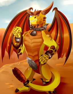 anthro beard bracelet broken_horn claws collar eyebrows facial_hair facial_spikes fangs genitals grin hand_on_hip holding_object holding_rope horn jewelry male muscular muscular_anthro muscular_male orange_body orange_scales penile_spines penis rock rope sand scales sharp_teeth sky slit_penis smile solo spikes spikes_(anatomy) standing tail teeth thick_eyebrows underbite wings yellow_body yellow_scales muskydusky activision mythology spyro_reignited_trilogy spyro_the_dragon boris_(spyro) rescued_dragons_(spyro) dragon mythological_creature mythological_scalie reptile scalie 2019 hi_res