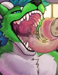 anthro anthro_pred anthro_prey blue_eyes blue_hair bodily_fluids brown_hair duo fangs fur glistening glistening_eyes green_body green_fur grey_body grey_fur hair imminent_oral_vore imminent_vore long_tongue male male_pred male_prey messy_hair mouth_shot narrowed_eyes open_mouth pink_tongue saliva saliva_on_tongue saliva_string short_hair teeth tongue white_body white_fur acidic kamren soulacola canid felid mammal hi_res