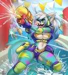 anthro big_breasts bikini blue_hair breasts cleavage clothed clothing female gradient_hair green_eyes hair multicolored_hair navel open_mouth sharp_teeth smile solo swimwear teeth toy toy_gun two-piece_swimsuit water_gun white_hair drawpanther frosty_(sharky) fish marine shark hi_res