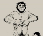 anthro barely_visible_genitalia barely_visible_penis body_hair clothing fur genitals hair happy_trail male penis shirt solo topwear undressing arcticlion felid lion mammal pantherine black_and_white monochrome sketch