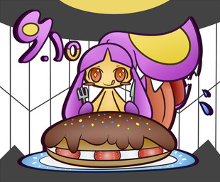 blush bodily_fluids cutlery dessert drooling female food fork hair hair_mouth kitchen_utensils knife pink_hair red_eyes saliva smile solo teeth tongue tools concave_(artist) nintendo pokemon generation_3_pokemon mawile pokemon_(species) shiny_pokemon
