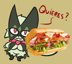 :3 anthro breasts chibi female food fur green_body green_eyes green_fur looking_at_viewer offering_food offering_to_viewer pink_eyes sandwich_(food) simple_background smile solo text arturfox nintendo pokemon ¿quieres? generation_9_pokemon meowscarada pokemon_(species) 2023 digital_media_(artwork) meme spanish_text