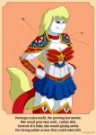 2017 anna_(sailoranna) anthro armor blonde_hair blue_eyes bottomwear breasts bullet cleavage clothed clothing costume english_text equid equine female fur graphite_(artist) hair hand_on_hip hi_res horse mammal skirt solo superhero text white_body white_fur