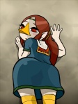 against_surface against_wall beak big_butt blush brown_hair butt female hair looking_at_viewer looking_back nose_beak ponytail red_eyes solo mizo_ne nintendo the_legend_of_zelda wind_waker medli animal_humanoid avian avian_humanoid humanoid rito rito_humanoid 3:4 digital_media_(artwork)