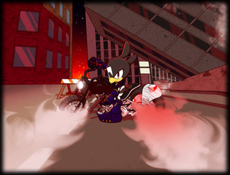 armor armored_boots black_body black_fur boots building building_destruction burning clothing collapsed damaged_building destruction footwear fur gauntlets gloves handwear male metal motorcycle nightsky pecs shoes smoke solo vehicle xxkenthewolfxx sega sonic_the_hedgehog_(series) fan_character avian absurd_res hi_res