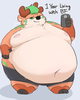anthro antlers belly big_belly big_moobs bodily_fluids clothed clothing electronics green_eyes green_hair green_markings green_spots hair half-closed_eyes holding_object holding_phone horn huge_belly male markings moobs morbidly_obese morbidly_obese_anthro morbidly_obese_male narrowed_eyes obese obese_anthro obese_male overweight overweight_anthro overweight_male phone simple_background smile solo spots sweat sweaty_belly text underwear underwear_only weight_gain rexery_truffle truffle_(rexerytruffle) deer mammal 4:5 english_text hi_res
