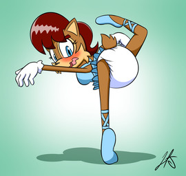 anthro ballerina_position ballet big_diaper blue_eyes blush brown_body brown_fur clothing dance_shoes dancewear diaper embarrassed female flexible footwear fur gloves hair handwear one_leg_up open_mouth pointe_shoes raised_leg red_hair shoes solo liljdude sega sonic_the_hedgehog_(series) sally_acorn chipmunk ground_squirrel mammal rodent sciurid hi_res