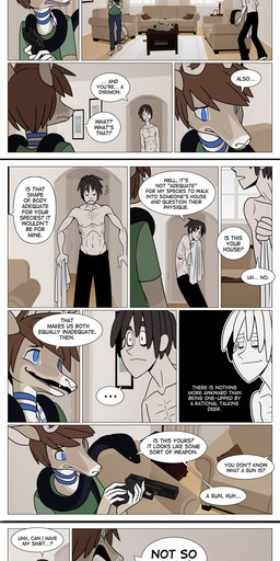 ambiguous_feral ambiguous_gender anthro antlers barefoot biped black_body black_bottomwear black_clothing black_pants blue_bottomwear blue_choker blue_clothing blue_eyes blue_jewelry blue_necklace blue_pants bottomwear brown_body brown_eyes brown_fur brown_hair burn_scar choker claws clothed clothing collarbone dialogue discarded_clothing dressing dressing_self drugs ellipsis emaciated emaciated_human emaciated_male emanata eyebrows fangs feet female female_anthro feral finger_claws forked_tongue fur furniture furniture_lamp green_clothing green_shirt green_topwear group gun hair holding_gun holding_object holding_ranged_weapon holding_weapon horn inside jewelry male markings navel necklace nipples open_mouth pants picture_frame pillow pointing_gun pointing_gun_at_another question_mark ranged_weapon ribs rug scar shirt shoulder_blades skinny sofa striped_markings striped_tail stripes syringe tail tail_markings teeth text tongue tongue_out topless topwear trio weapon window window_curtains unknown_person wisp_(oc_tournament) cecilia_(katribou) jay_(unknown-person) ophio_(katribou) cobra deer human mammal reptile scalie snake 2011 absurd_res comic english_text hi_res long_image tall_image