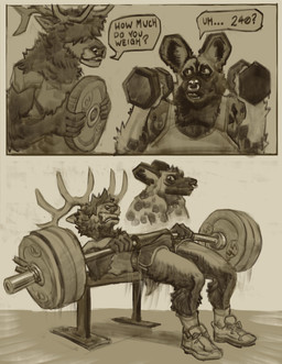 anthro anthro_on_anthro antlers bangs barbell bottomwear bulge clenched_teeth clothed clothing dialogue dumbbell duo exercise facial_piercing footwear fur grey_background gym hair holding_object horn humor looking_at_another lying male male/male motion_blur motion_lines muscular muscular_anthro muscular_male nose_piercing nose_ring on_back piercing ring_piercing sexercise shirt shoes shorts simple_background socks spots standing talking_to_another tank_top teeth text thrusting topwear tuft weightlifting weights workout momamo mo_(momamo) tterra cervine deer elk hyena mammal spotted_hyena 2026 comic english_text greyscale handwritten_text hi_res monochrome multiple_scenes sketch