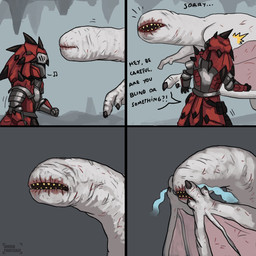 ambiguous_gender anthro armor blind blood bodily_fluids crying dialogue disability duo eyeless feral hunter male membrane_(anatomy) membranous_wings open_mouth rathalos_armor scar tears teeth text wings diego_fonteriz capcom monster_hunter flying_wyvern human khezu mammal scalie 1:1 absurd_res english_text hi_res
